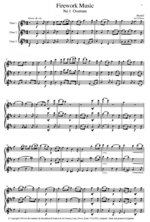 Handel - Firework Music - Flute Trio Score/Parts arranged by Clews Broadbent Dunn BD10803