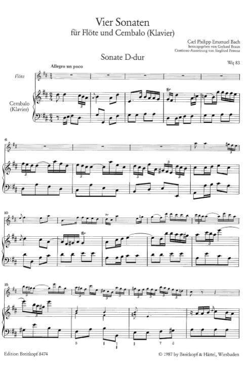 Bach - 4 Sonatas Volume 1 - Flute and Harpsichord/Piano Accompaniment Breitkopf & Hartel EB8474