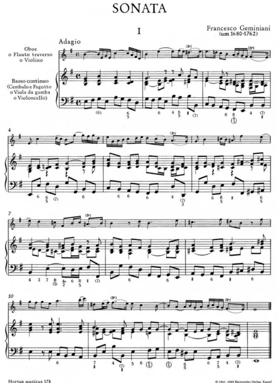 Geminiani - Sonata in Emin- Oboe or Flute or Violin & Basso Continuo Hortus Musicus BAHM178