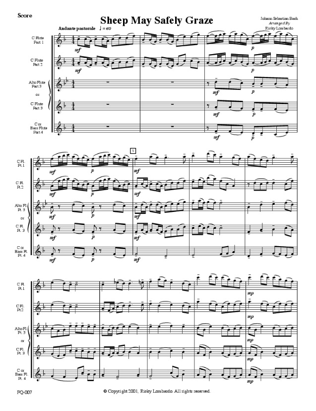 SHEEP MAY SAFELY GRAZE ARR LOMBARDO FOR 4 FLUTES - BACH J S - FLUTE - LOMBARDO MUSIC PUBLICATIONS FQ-007
