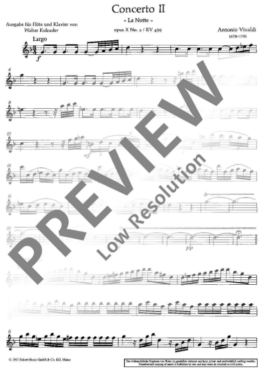 Vivaldi - Concerto #2 in Gmin Op10/2 La Notte RV439/PV342 -Flute/Treble Recorder Schott Music FTR80