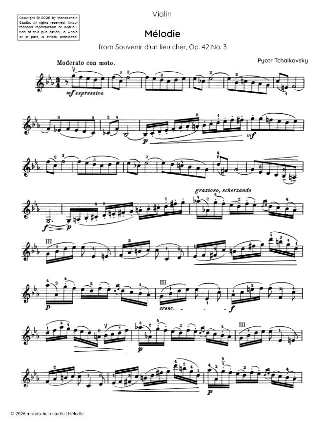 Tchaikovsky - Melodie, from Souvenir d'un lieu cher, Op. 42 No. 3 - Violin Part (Digital Download)