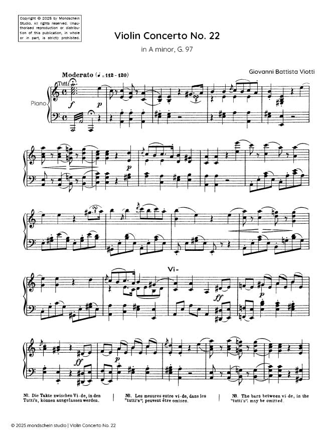 Viotti - Violin Concerto No. 22 in A minor, G. 97 - Mondschein Studio - Violin/Piano Accompaniment (Digital Download)