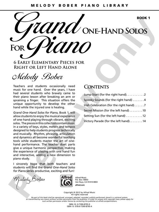 Grand One-Hand Solos for Piano, Book 1: 6 Early Elementary Pieces for Right or Left Hand Alone - Piano Solo (Digital Download)