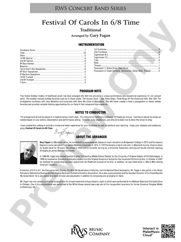 Festival of Carols in 6/8 Time - Concert Band Conductor Score & Parts (Digital Download)