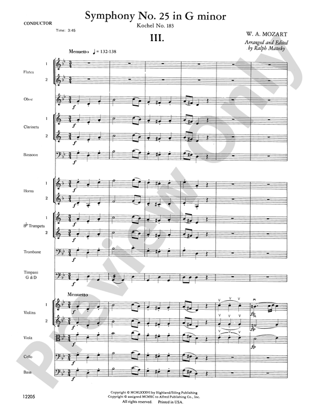 Mozart's Symphony No. 25 in G Minor, 3rd & 4th Movements – Full Orchestra Conductor Score & Parts (Digital Download)