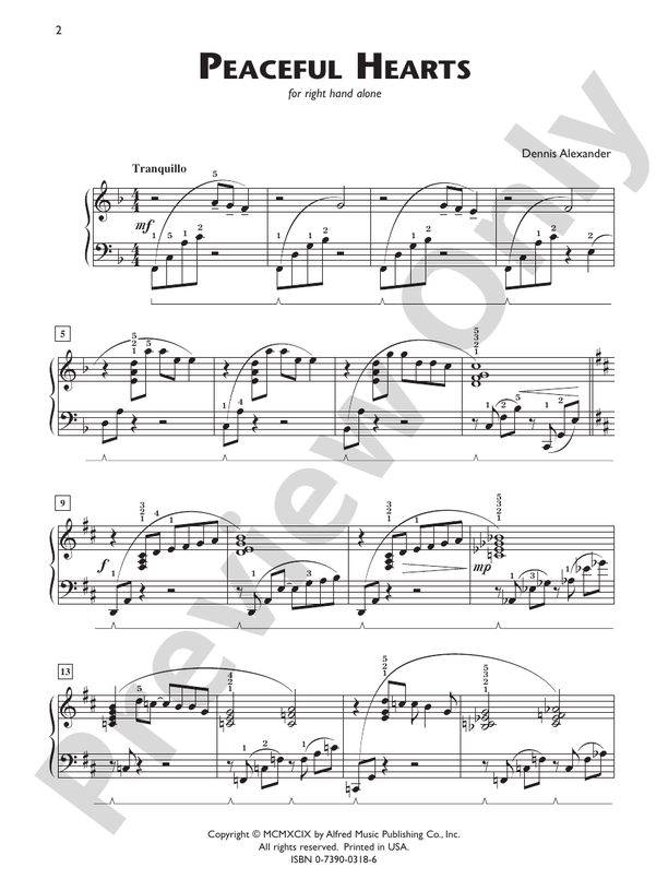Peaceful Hearts (for right hand alone) - Piano Solo (Digital Download)
