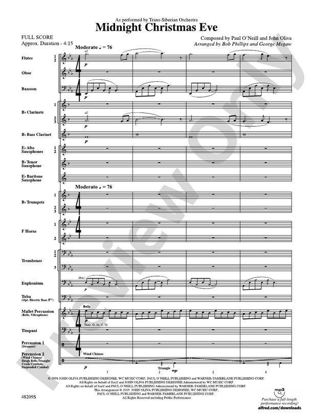Midnight Christmas Eve - Concert Band Conductor Score & Parts (Digital Download)