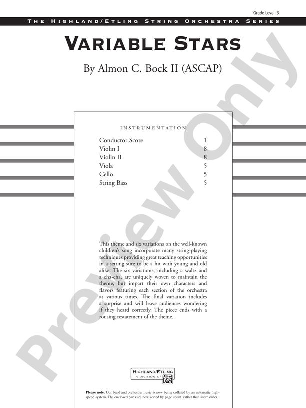 Variable Stars – String Orchestra Conductor Score & Parts (Digital Download)