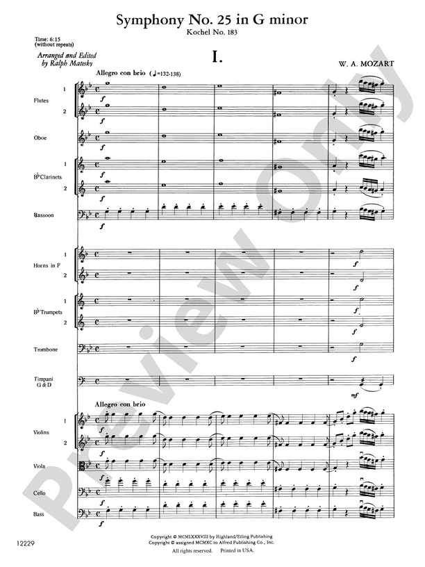 Mozart's Symphony No. 25 in G Minor, 1st & 2nd Movements – Full Orchestra Conductor Score & Parts (Digital Download)