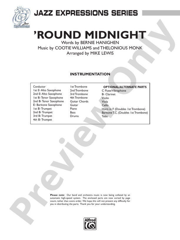 Round Midnight (Arr. Mike Lewis) - Jazz Ensemble Conductor Score & Parts (Digital Download)