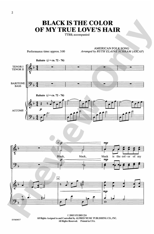 Black Is the Color of My True Love's Hair - TTBB Choral Octavo (Digital Download)