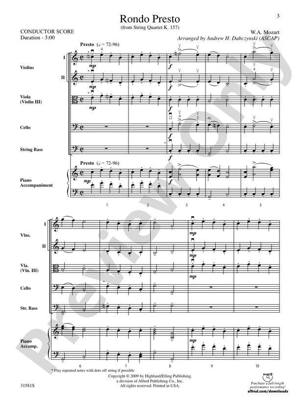 Rondo Presto (from String Quartet K. 157) – String Orchestra Conductor Score & Parts (Digital Download)