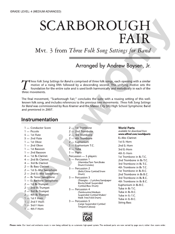 Scarborough Fair (Grade 4) - Concert Band Conductor Score & Parts (Digital Download)