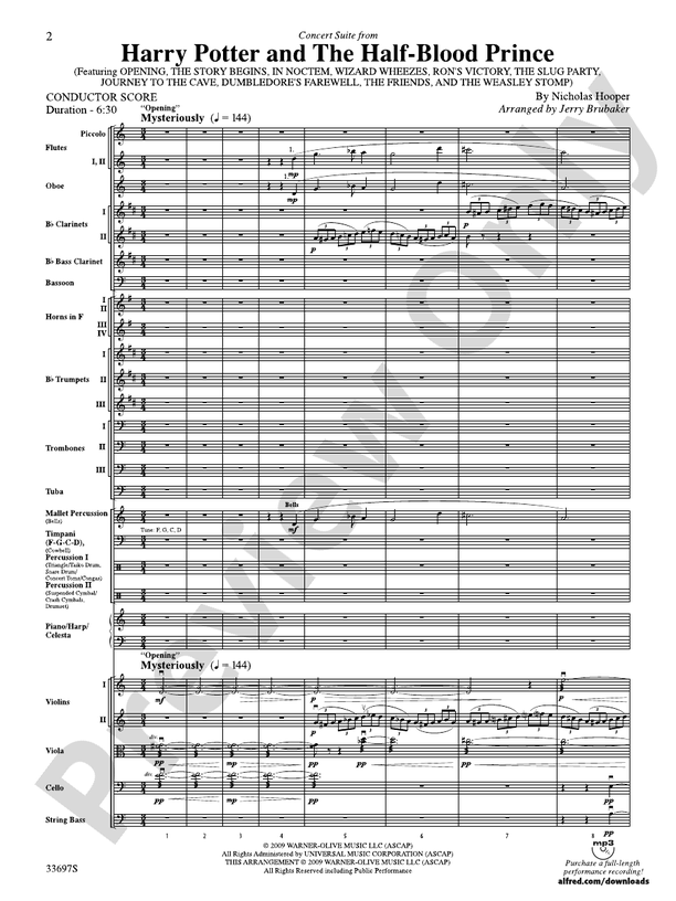 Harry Potter and the Half-Blood Prince, Concert Suite from – Full Orchestra Conductor Score & Parts (Digital Download)