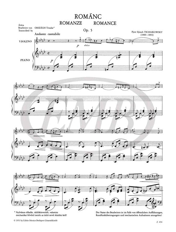 Tchaikovsky - Romance Op5 - Violin/Piano Accompaniment edited by Orszagh EMB Z434