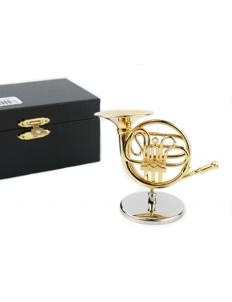 Gold Plated Miniature French Horn with Stand and Case