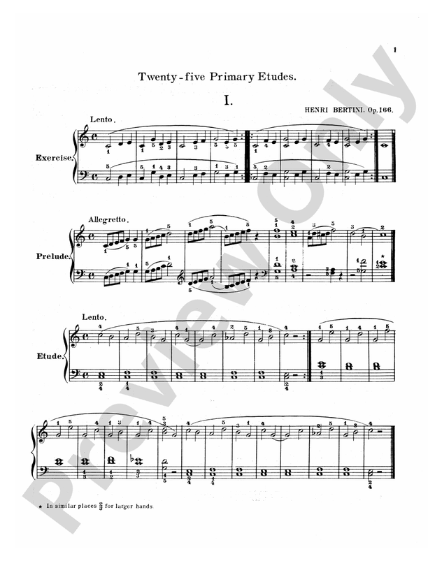 Bertini - Twenty-five Primary Etudes, Op. 166 - Piano Solo (Digital Download)