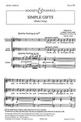 Simple Gifts - SA or TB and Piano - SA or TB Aaron Copland|Irving Fine Boosey & Hawkes Octavo