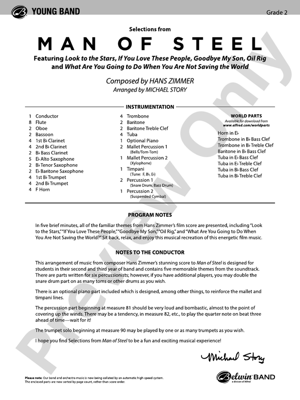 Man of Steel, Selections from - Concert Band Conductor Score & Parts (Digital Download)