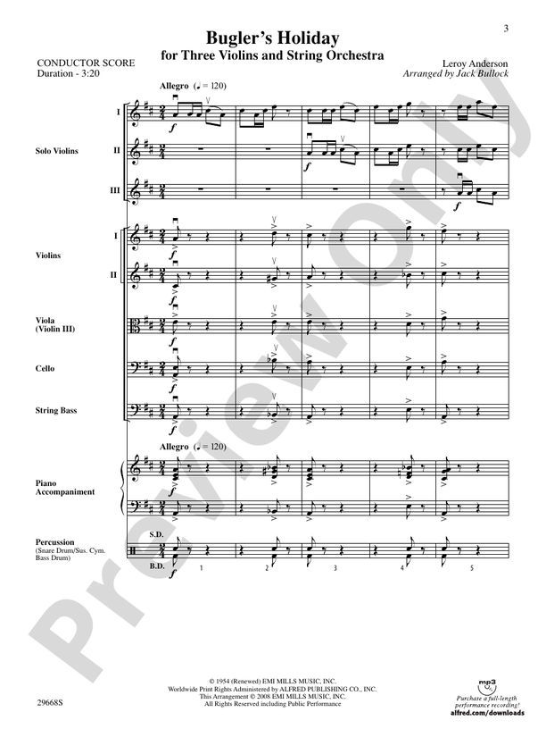 Bugler's Holiday for Three Violins and String Orchestra – String Orchestra Conductor Score & Parts (Digital Download)