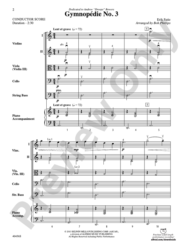Gymnopédie No. 3 – String Orchestra Conductor Score & Parts (Digital Download)