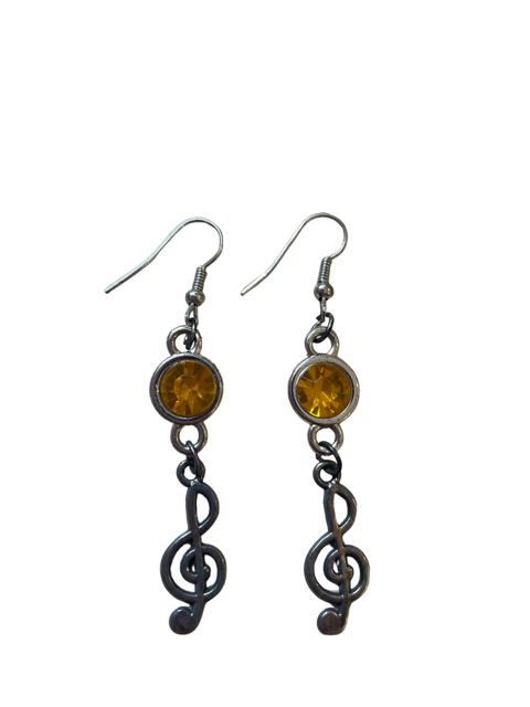 Drop Earrings a Treble Clef with a Yellow Stone