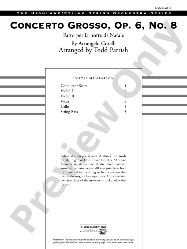 Concerto Grosso, Op. 6, No. 8 - String Orchestra Conductor Score & Parts (Digital Download)