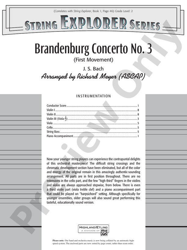 Brandenburg Concerto No. 3 (First Movement) – String Orchestra Conductor Score & Parts (Digital Download)
