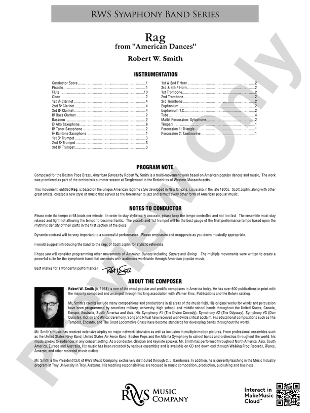 Rag - Mvt. 1 from American Dances - Concert Band Conductor Score & Parts (Digital Download)