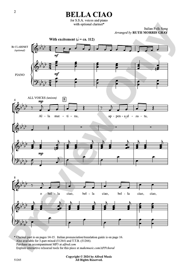 Bella Ciao - SSA Choral Octavo (Digital Download)