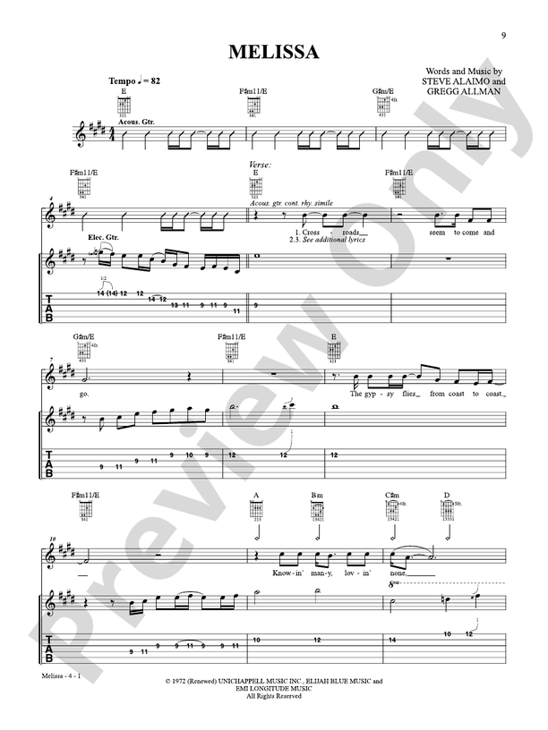 Melissa - Easy Guitar (Digital Download)