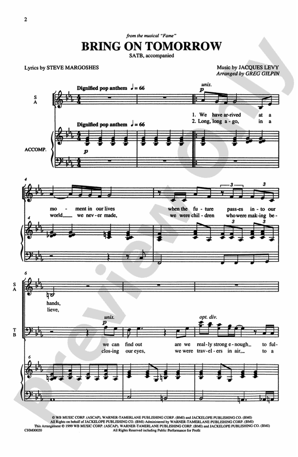 Bring on Tomorrow (from Fame) – SATB Choral Octavo (Digital Download)
