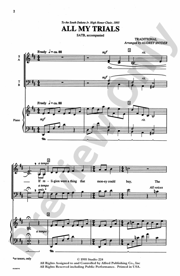 All My Trials - Arr. Audrey Snyder - SATB Choral Octavo (Digital Download)