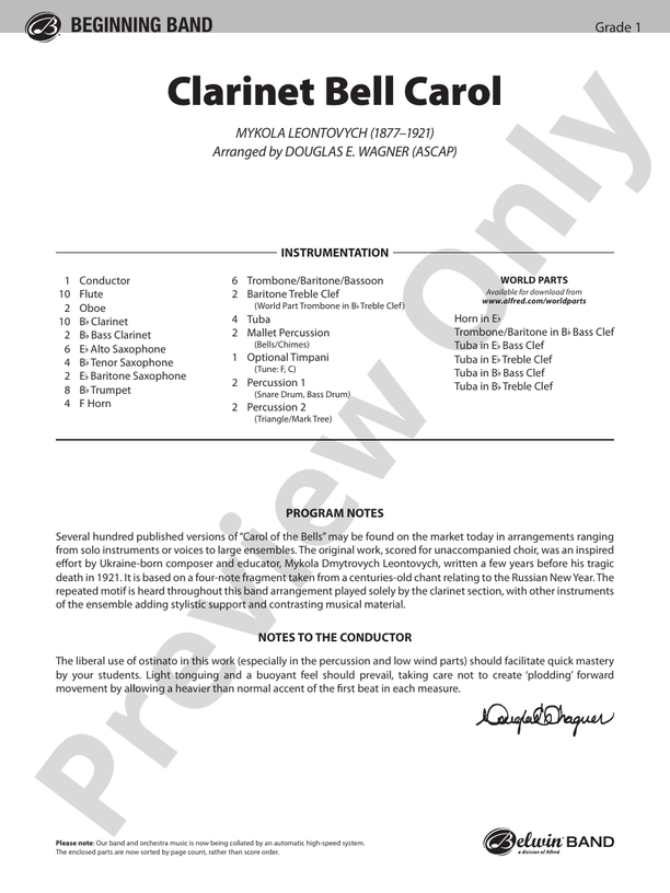 Clarinet Bell Carol - Concert Band Conductor Score & Parts (Digital Download)