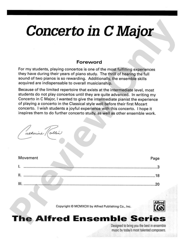 Concerto in C Major: In Three Movements for Solo Piano with Piano Accompaniment - 2 Pianos, 4 Hands (Digital Download)