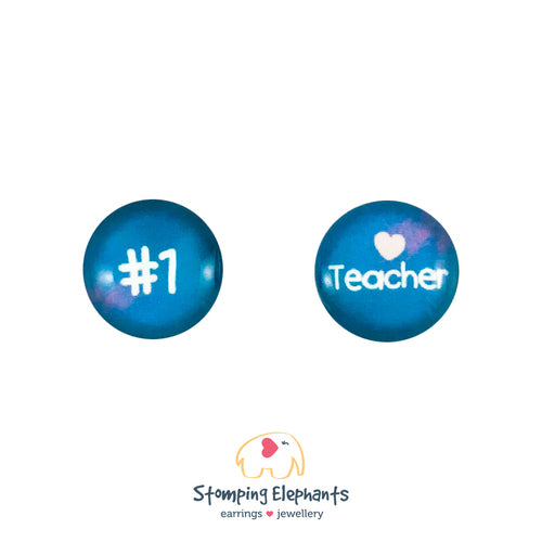 Stomping Elephant Music Stud Earrings Glass Blue with Teacher and a Heart and the Number 1Teaching is a Work of Heart