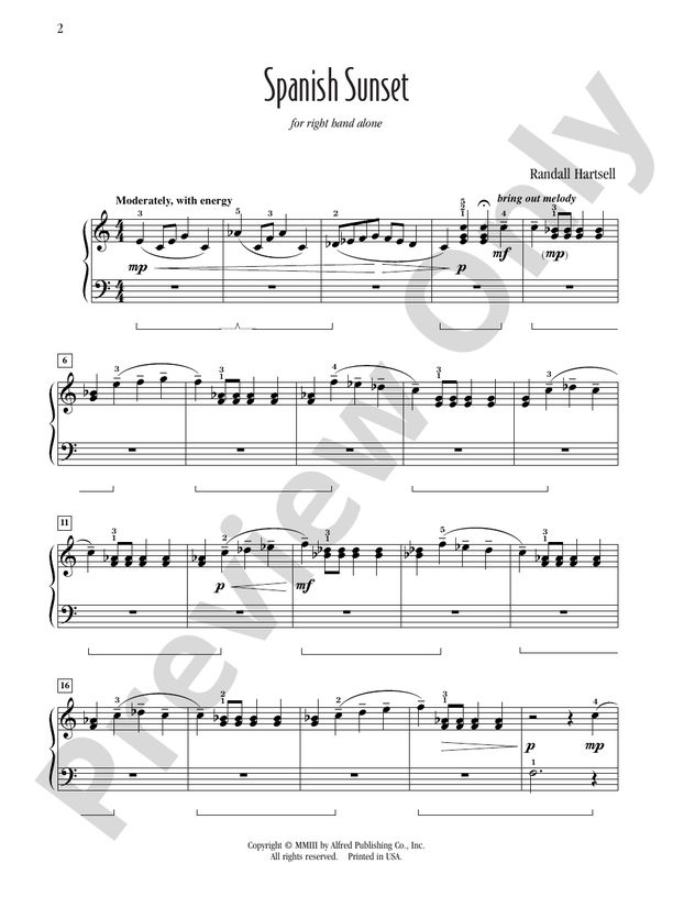 Spanish Sunset (for right hand alone) - Piano Solo (Digital Download)