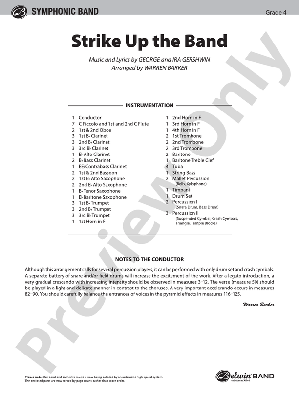 Strike Up the Band (Arr. Warren Barker) - Concert Band Conductor Score & Parts (Digital Download)