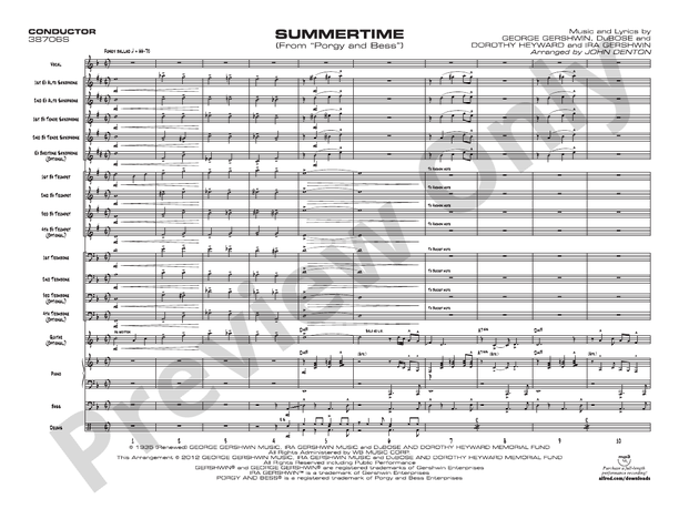 Summertime (Arr. John Denton) - Jazz Ensemble Conductor Score & Parts(Digital Download)