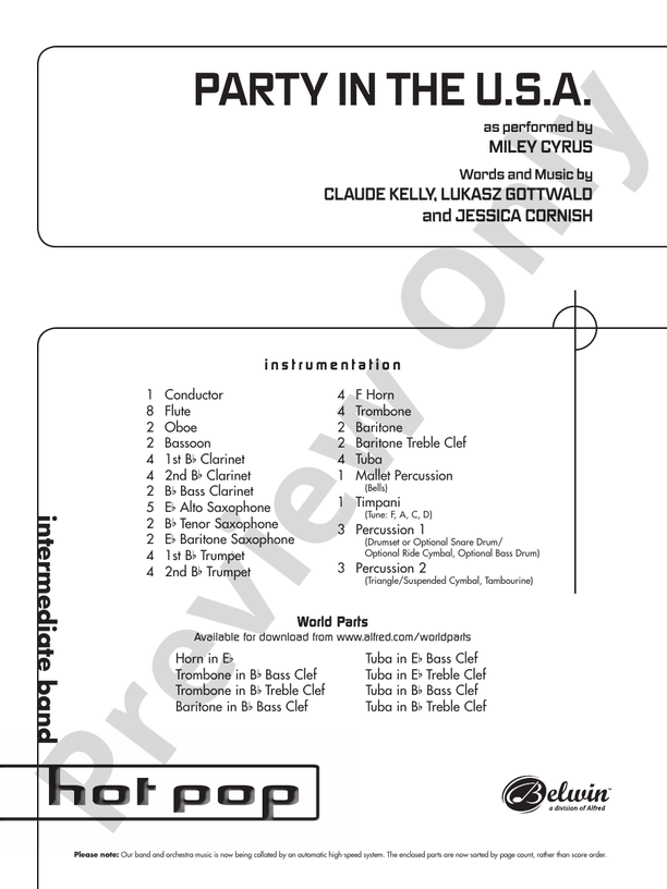 Party in the U.S.A. (Grade 2) - Concert Band Conductor Score & Parts (Digital Download)