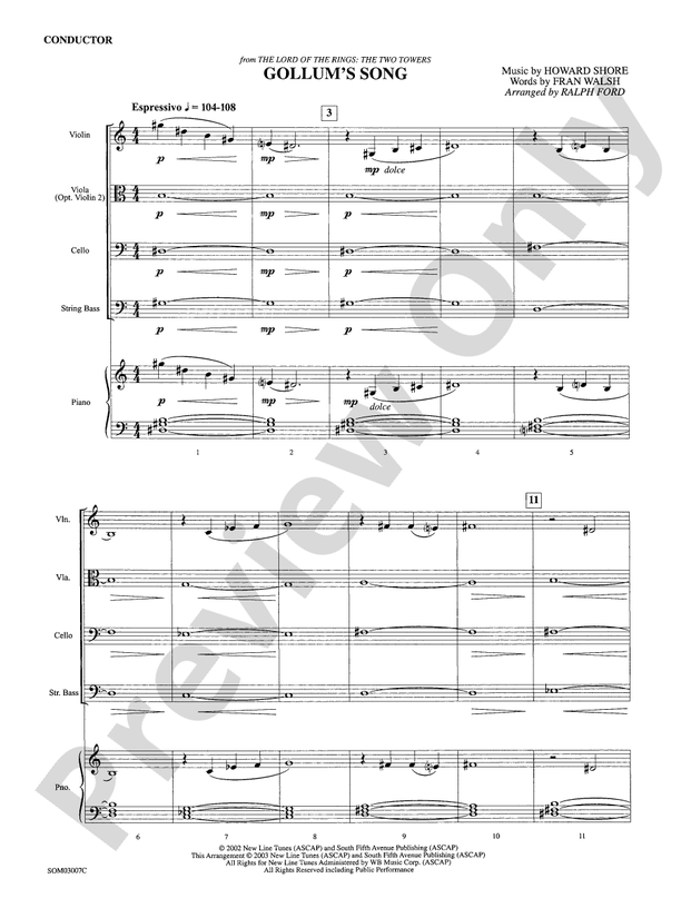 Gollum's Song (from The Lord of the Rings: The Two Towers) – String Orchestra Conductor Score & Parts (Digital Download)