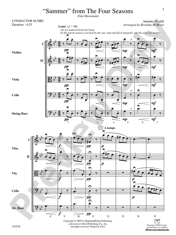 "Summer" from The Four Seasons – String Orchestra Conductor Score & Parts (Digital Download)