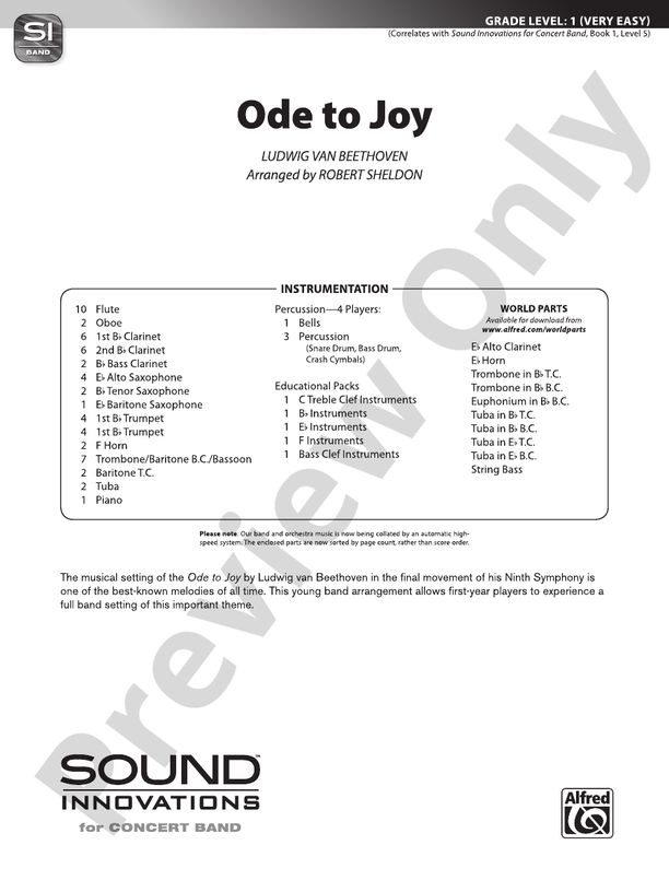 Ode to Joy - Concert Band Conductor Score & Parts (Digital Download)