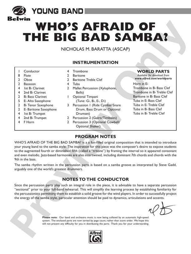 Who's Afraid of the Big Bad Samba? - Concert Band Conductor Score & Parts (Digital Download)