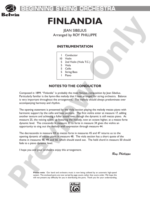 Finlandia (Grade 1) – Belwin Beginning String Orchestra Conductor Score & Parts (Digital Download)