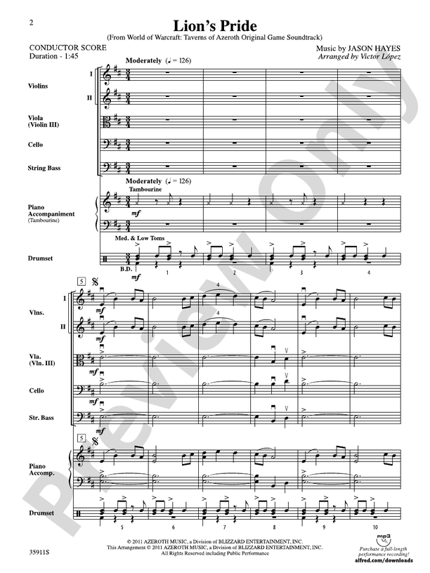 Lion’s Pride (from World of Warcraft: Taverns of Azeroth Original Game Soundtrack) – String Orchestra Conductor Score & Parts (Digital Download)