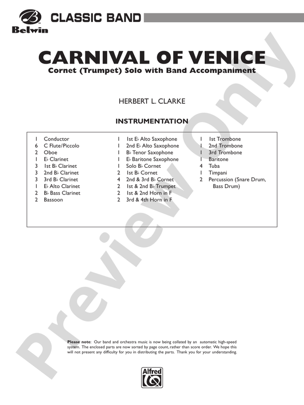 Carnival of Venice (Cornet (Trumpet) Solo with Band Accompaniment) - Concert Band Conductor Score & Parts (Digital Download)