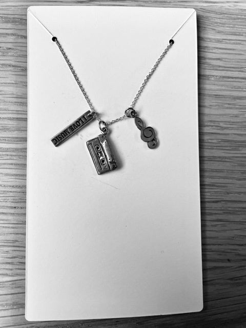 ***WAS $59.95***Sterling Silver Chain & Pendant.  Treble clef, cassette & pendant with I Love You.