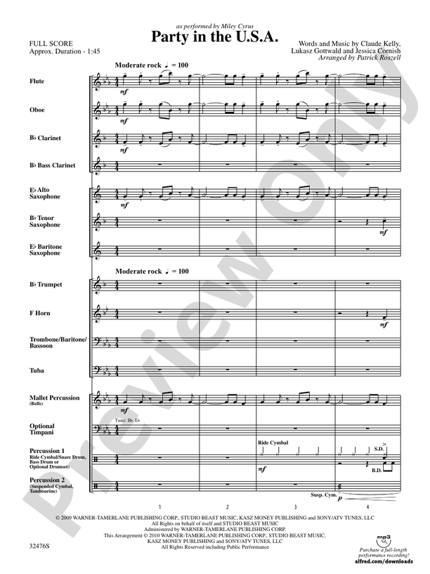 Party in the U.S.A. (Grade 1) - Concert Band Conductor Score & Parts (Digital Download)